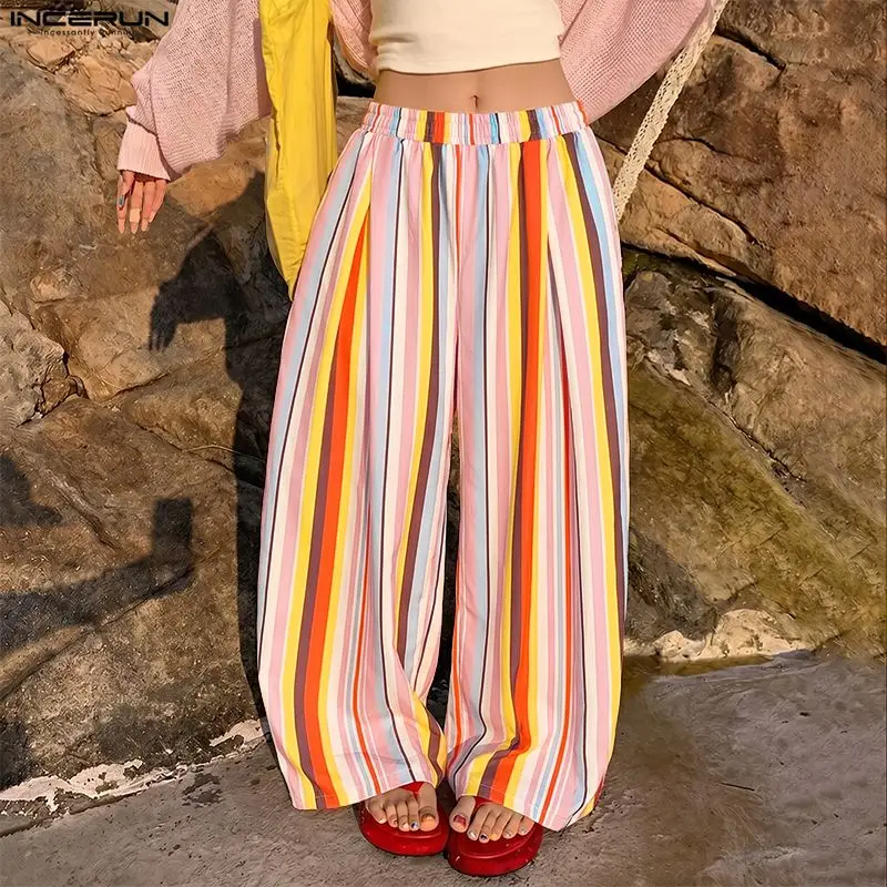 INCERUN Men's Pants Colorful Striped Joggers Elastic Waist Casual Wide Leg Trousers For Man Streetwear Loose Fashion Pantalones