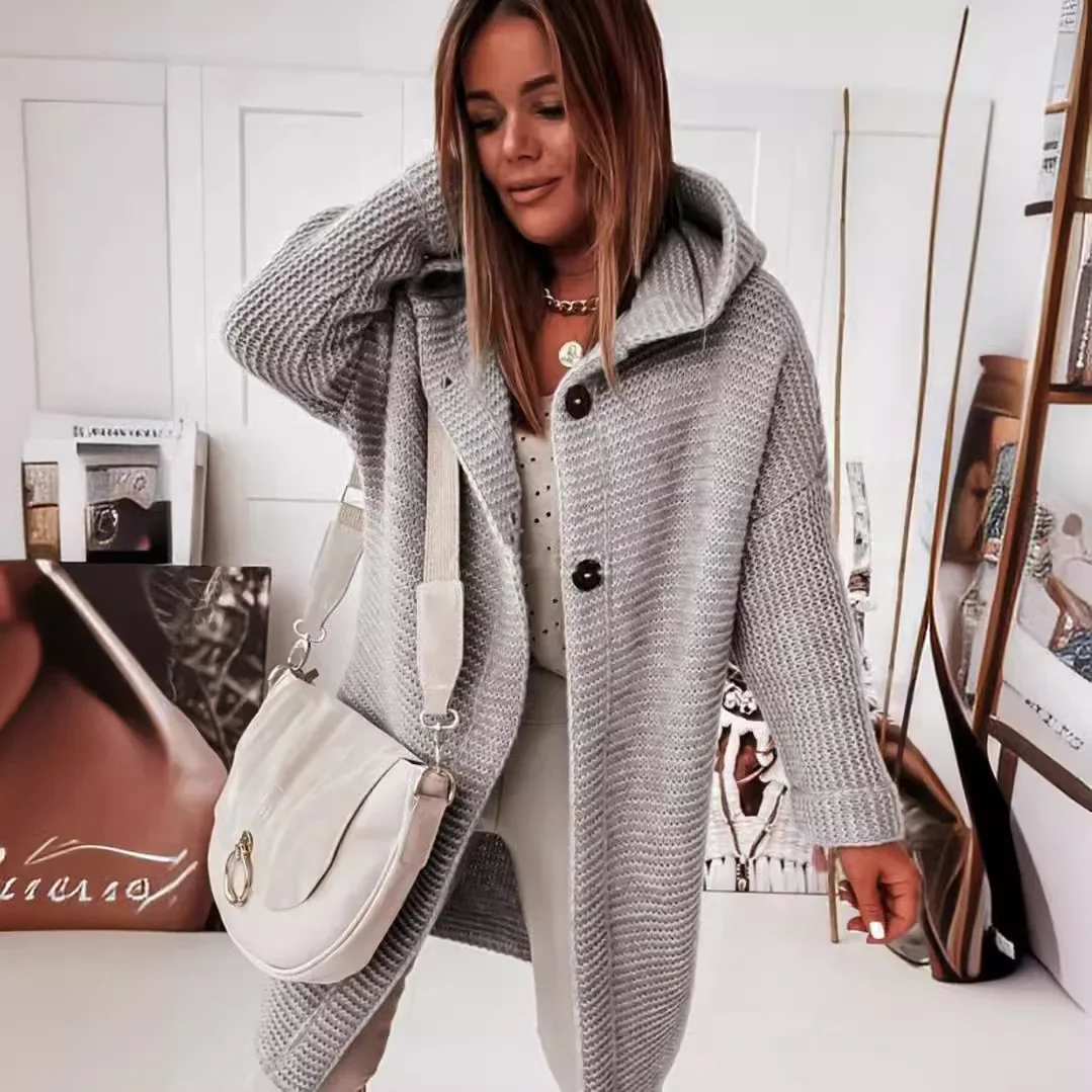 Solid Hooded Long Cardigan for Women Autumn Fashion Casual Loose Button Knitted Sweater Coat Daily Basic Cardigan New Outerwear