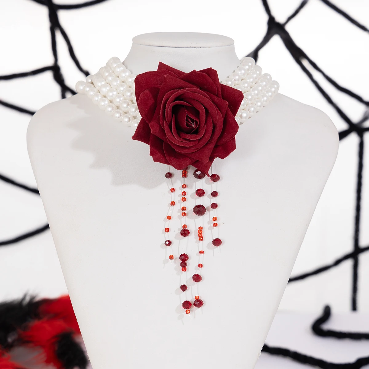 KunJoe New Gothic Black Red Crystal Tassels Chain Halloween Large Rose Flower Necklace Women Multi Layer Imitation Pearl Choker