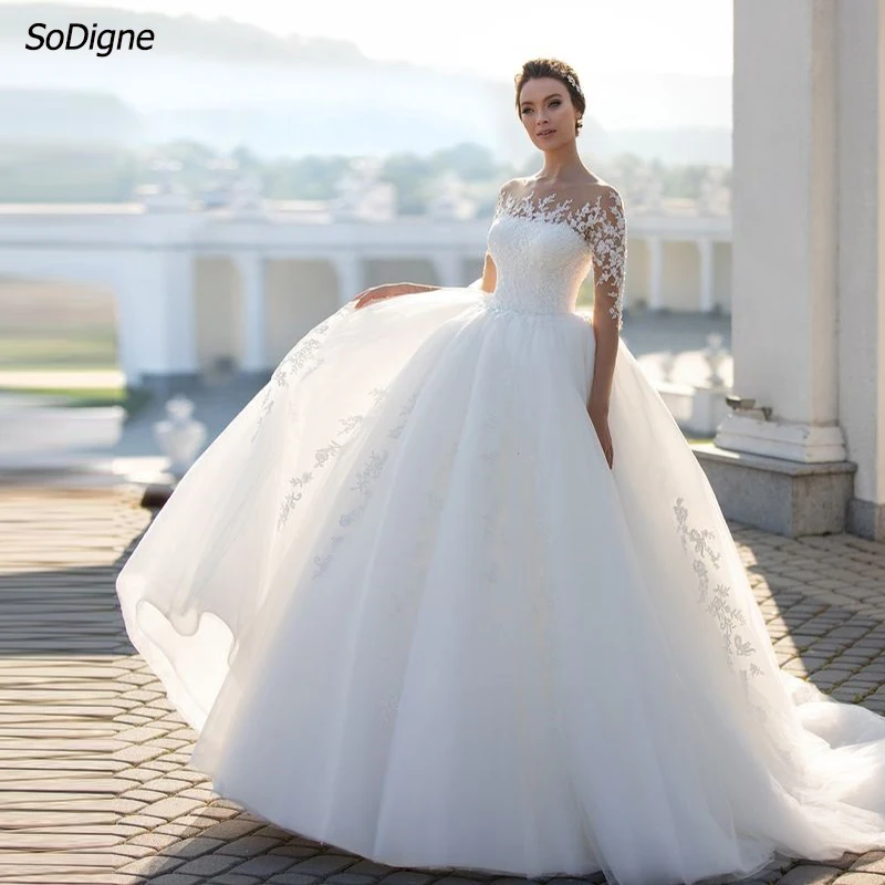 

SoDigne A-line Tulle Wedding Dresses O-Neck Long Sleeves Appliques Bridal Dress Women Boho Wedding Gown Robe De Mairee