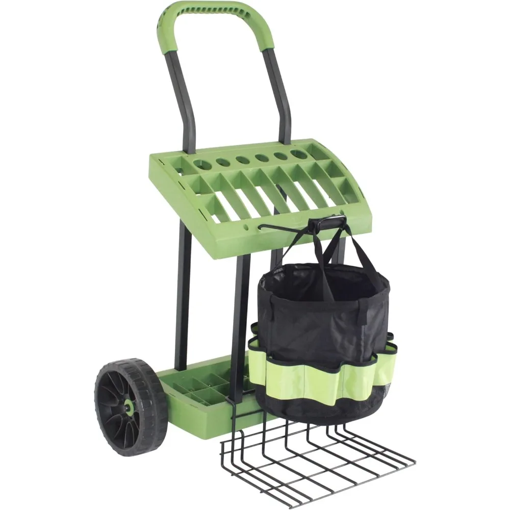 Rolling Tool Toter Cart & Bucket with Load Toter Lift Plate | Gardeners Tool Box On Wheels | Store, Organize & Mobilize Rake,