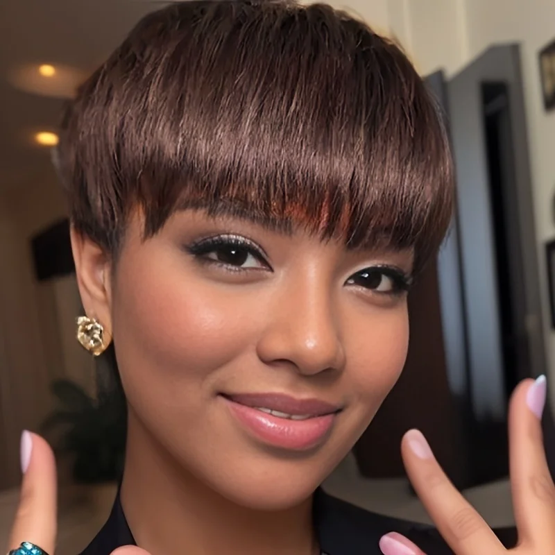 女性のためのショートピクシーカットウィッグ人毛機械製ウィッグ