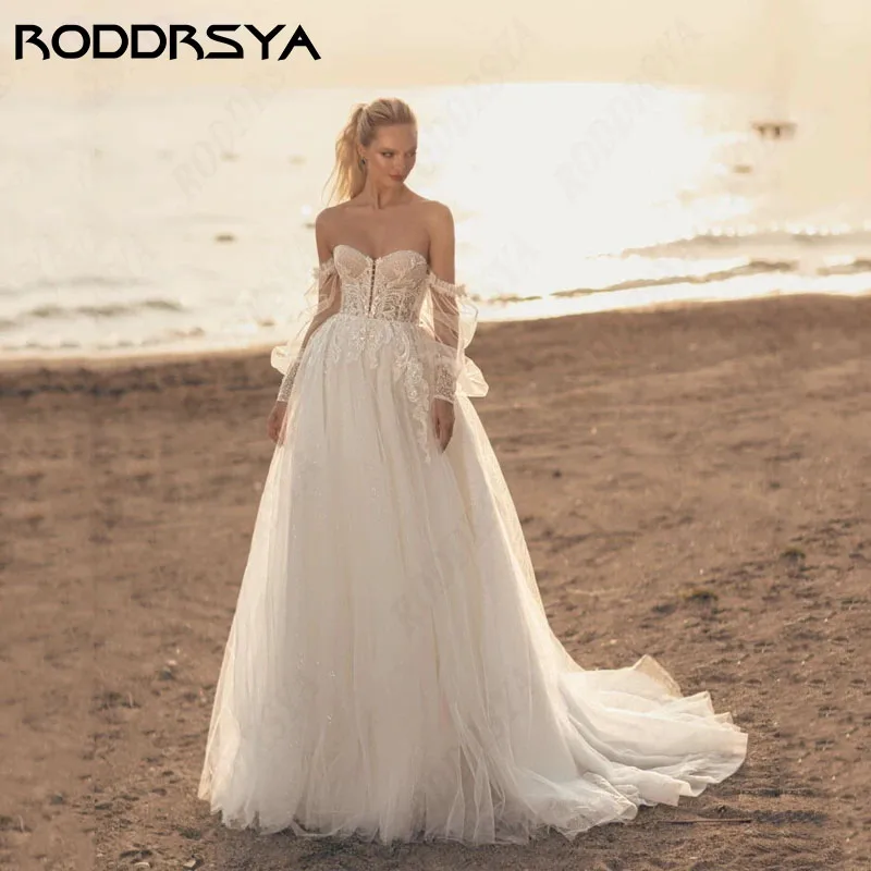 RODDRSYA Boho Wedding Dress Sweethear Lace Robe De Mariée Applique A-Line Backless Bridal Gown Off Shoulder Removable Sleeveees