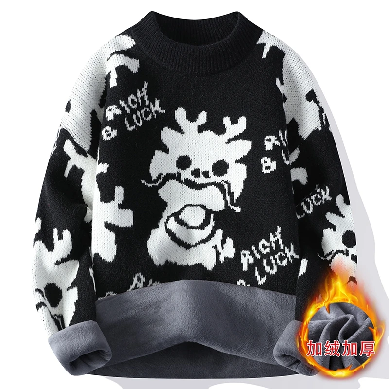 Men's 2023 Autumn and Winter Pullover Round Neck New Patchwork Printed Fashion Casual Loose Sweater Knitted Long Sleeved Tops