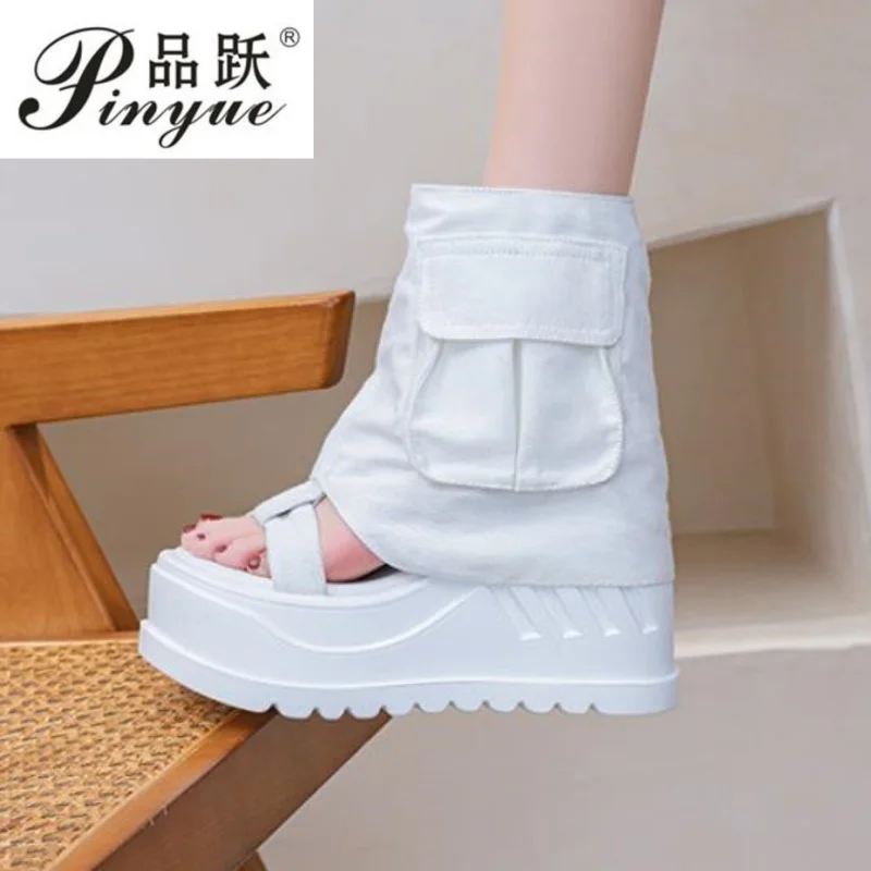 

Женские ботинки на платформе 10 см, сандалии на высоком каблуке-танкетке, удобные сандалии-шлепанцы с открытым носком, размеры 33-39