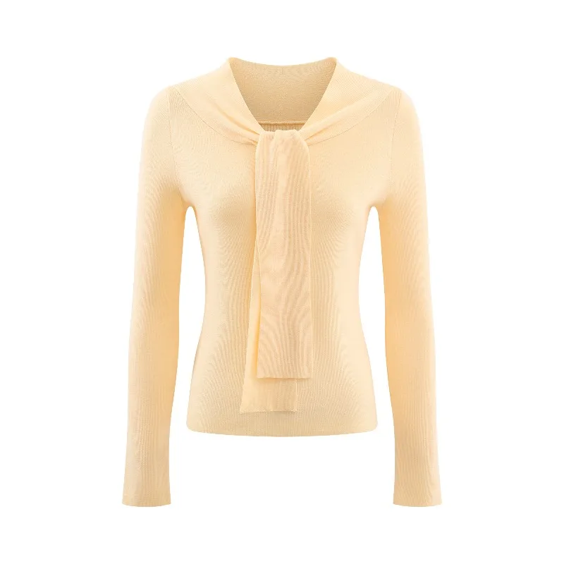 Women Elegant Knit Top V Neck Sweater Slim Stylish Long Sleeve Blouse Autumn Design Sense Pullover with Tie Detail Layered Look