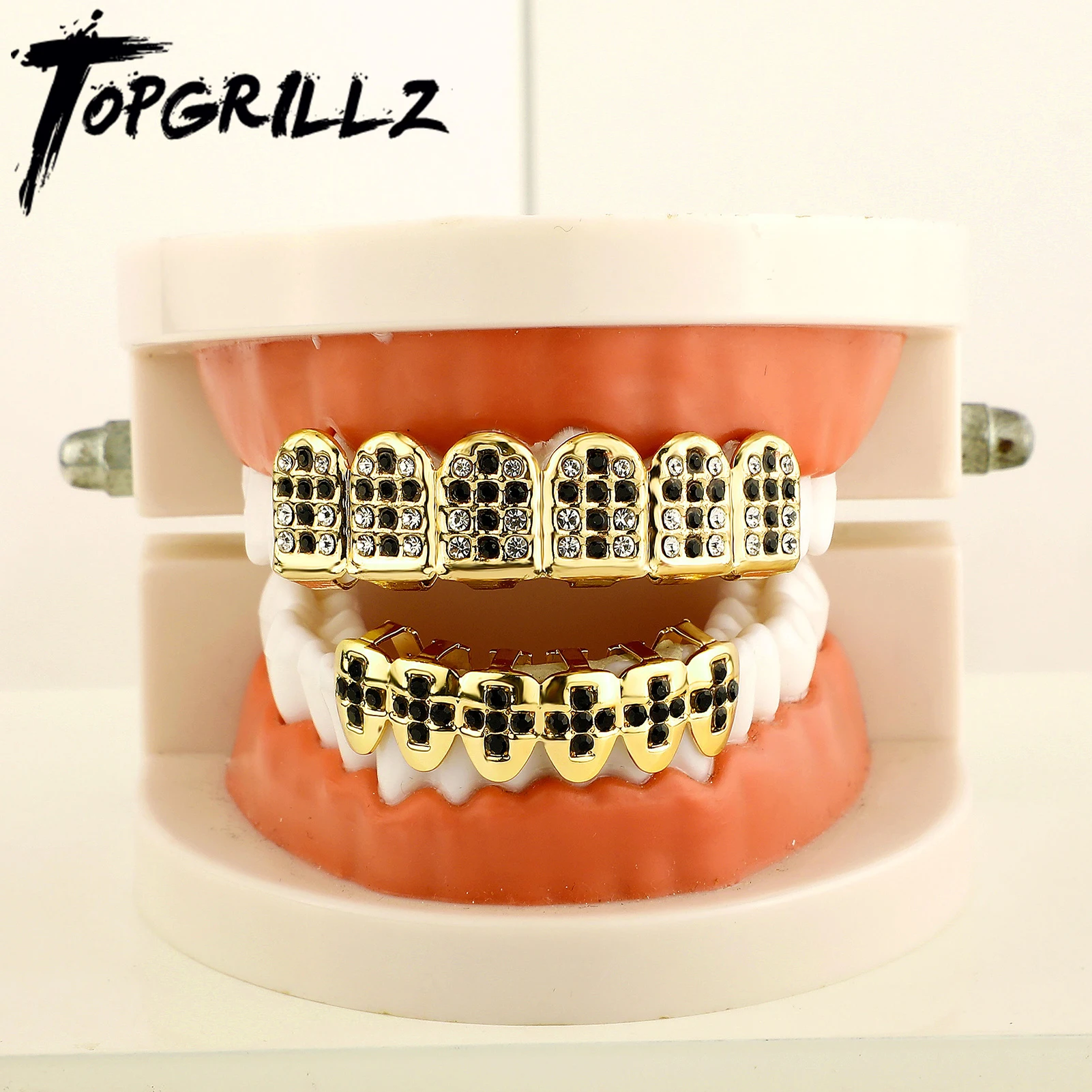 

TOPGRILLZ Iced Out черный крест со стразами зубы грильz подтяжки верх и нижние колпачки для зубов для женщин мужчин украшения для рта подарок