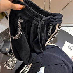 Black Causal Straight Leg Wide Leg Pants Women Sweatpants Korean Diamonds Side Striped Lace Up High Waisted Long Trousers Mujer