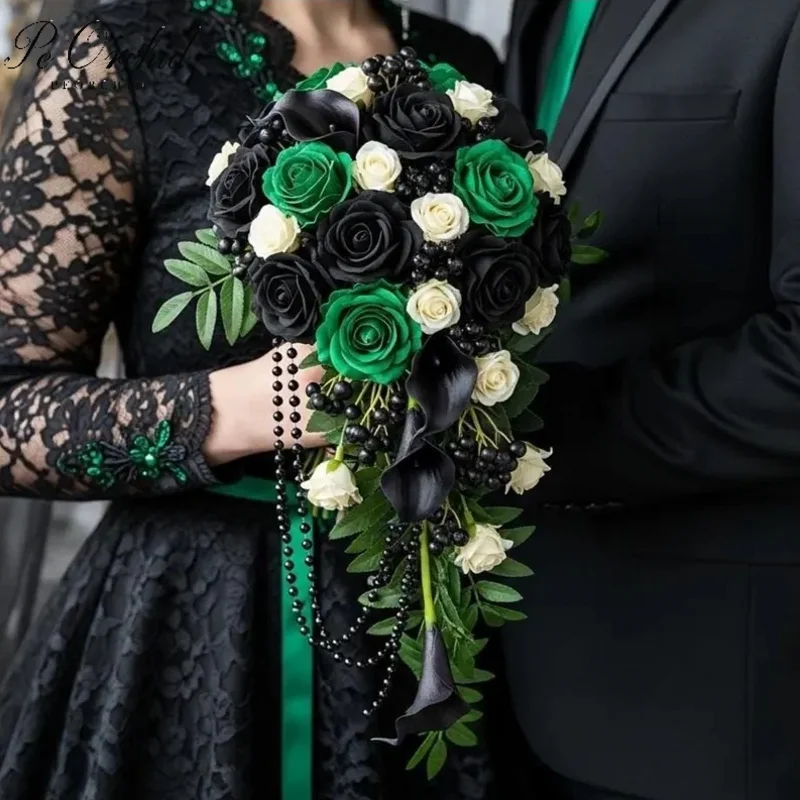 

PEORCHID Black Green Halloween Gothic Casada Wedding Bouquet Flower For Bride Callas Lily Roses Artificial Waterfall Bouquet