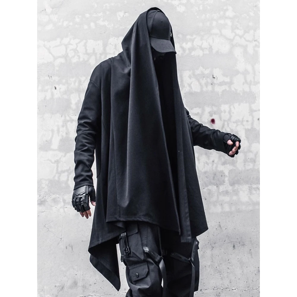 Black Hooded Wizard Trench Coat Windbreaker Men 2023 Autumn Cardigan Cloak Jacket Punk Streetwear Techwear