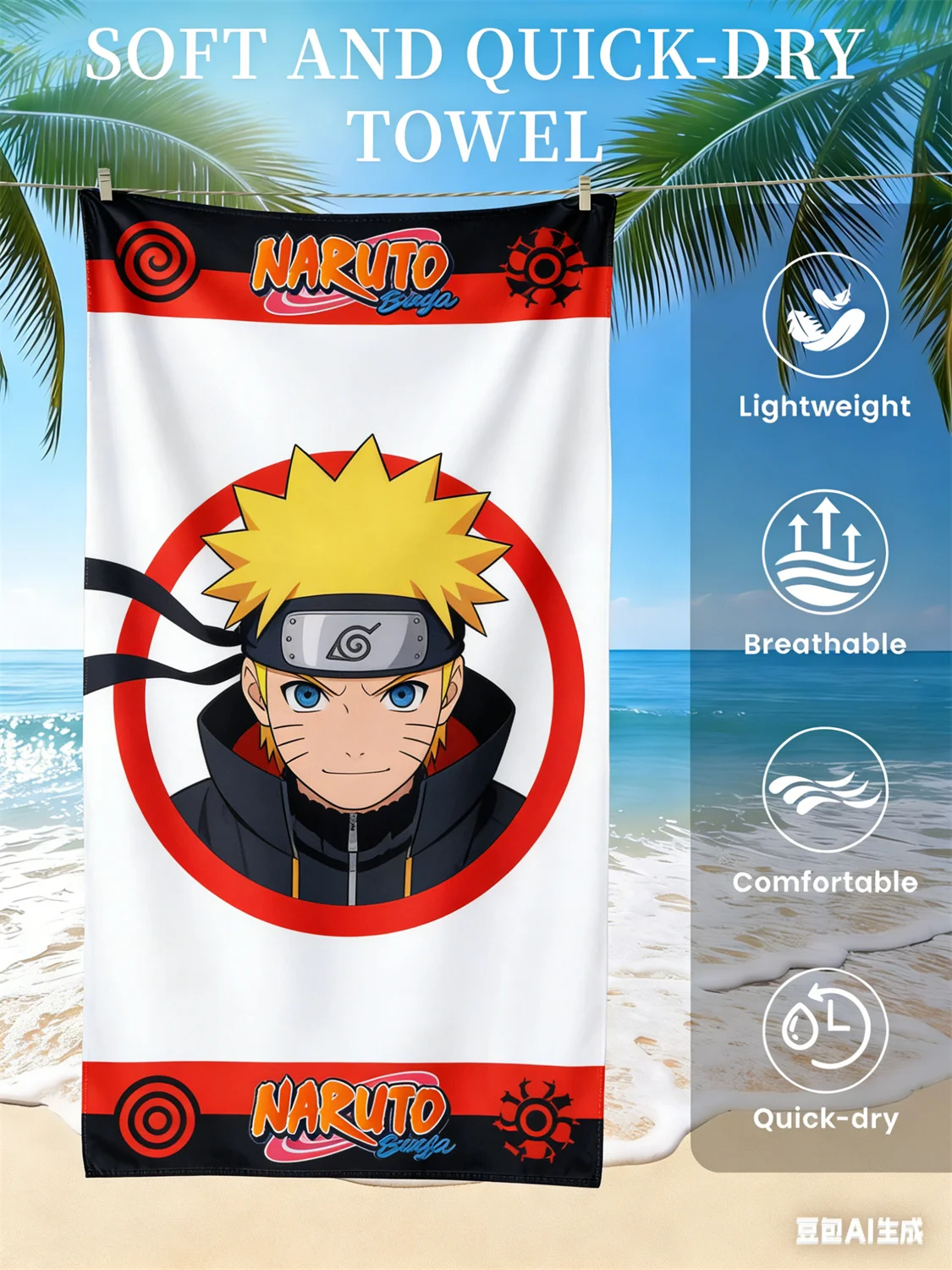 Naruto-Strandtuch, schnell trocknendes Handtuch mit Anime-Fan-Favoriten-Charakter-Aufdruck für Strand, Pool, Urlaub und Anime-Enthusiasten