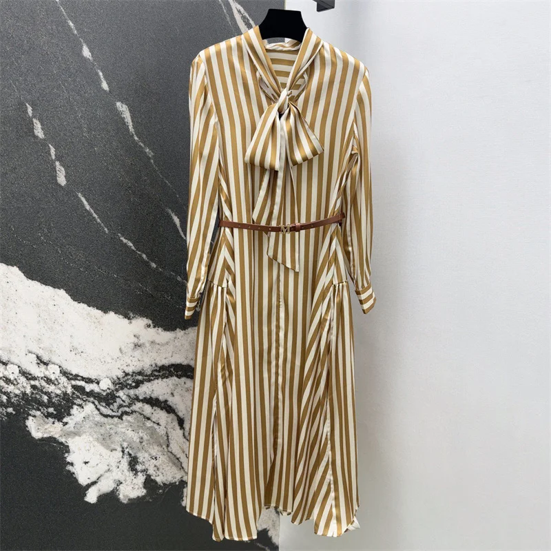 elegant party dresses woman 2024 autumn new fashion striped slim fit long dresses shawl collar vacation Midi dresses Gift belt