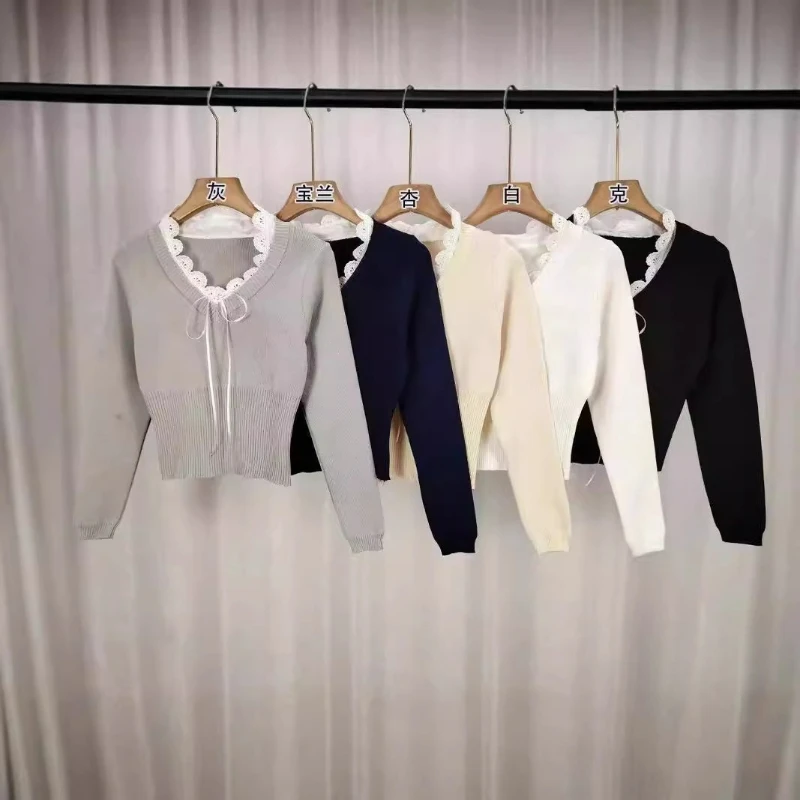 

2025 летняя новая сексуальная футболка с длинными рукавами, однотонный вязаный пуловер на шнуровке, женский одинаковый тонкий вязаный свитер, женский сладкий B201