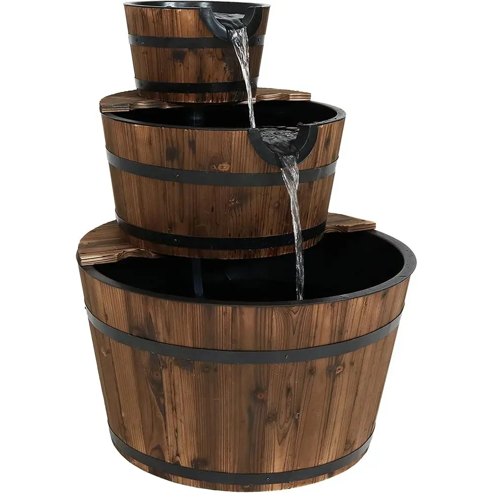 

30-Inch 3-Tier Wooden Barrel Fountain with Submersible Pump for Outdoor Gardens and Patios