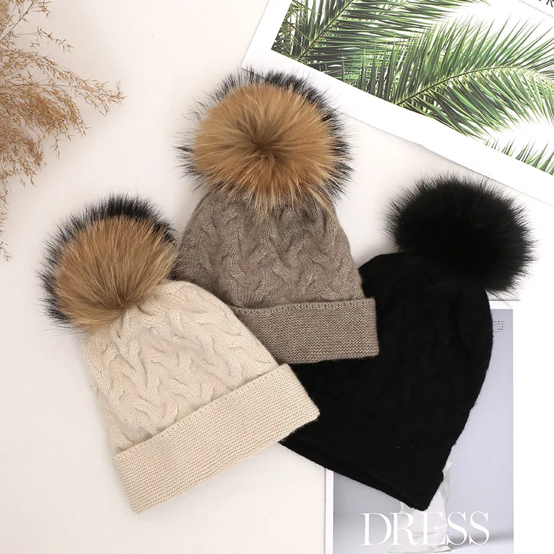 MVLYFLRT 10% cashmere hat for women buttoned wool ball hat for autumn and winter warm and versatile with folded knitted hat