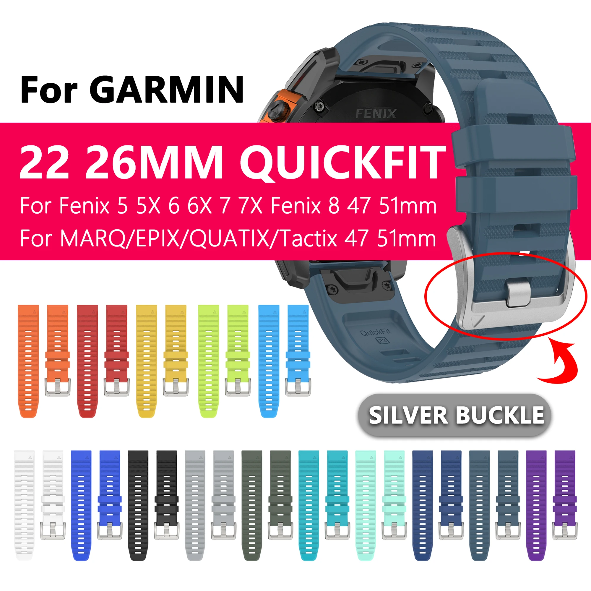22 26MM Silikonarmband QuickFit für Garmin Fenix 6 6X PRO 7 7X Solar 5 5X 965 Fenix 8 Epix Pro Gen2 47mm 51mm mit Silberner Schnalle