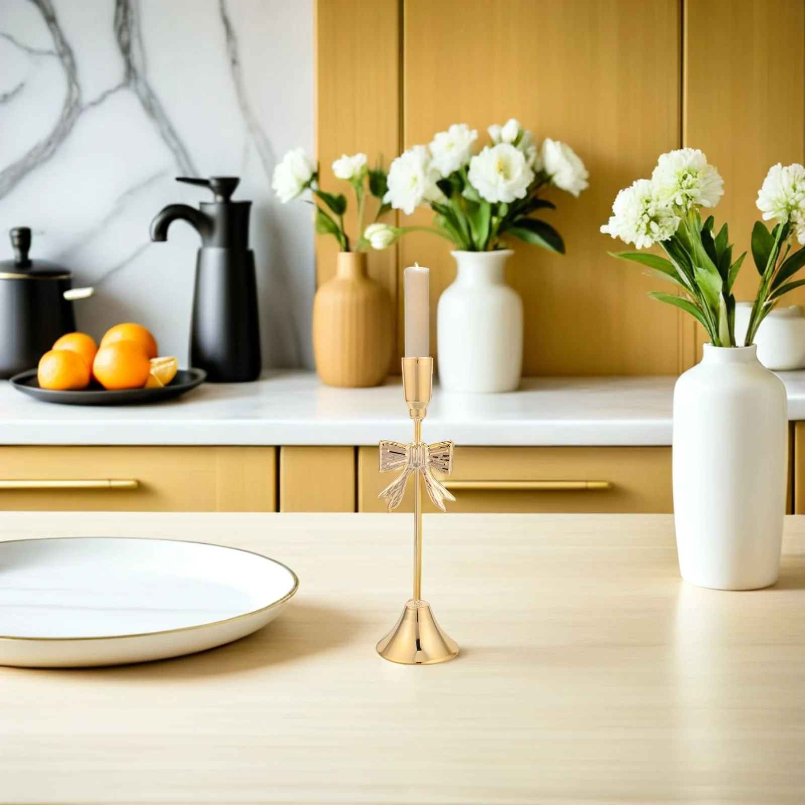 Bow Taper Holder Gold - Vintage Metal Candlestick for Romantic Table Decor - Centerpiece Dining Decoration for Wedding