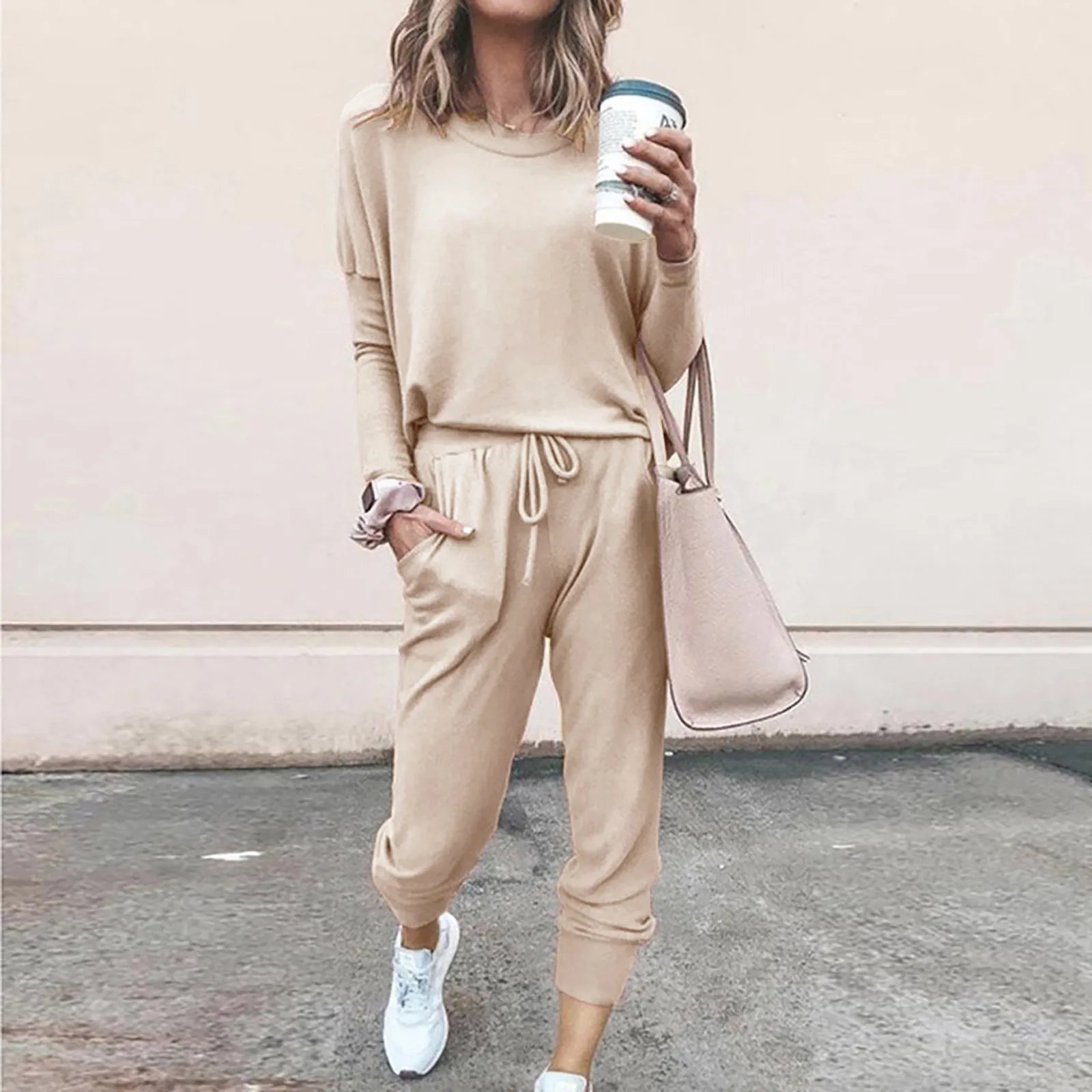 Women Solid Color Long Sleeve O Neck Blouse Top Drawstring Pants Sport Tracksuit Sports shirts autumn winter set Tracksuit Women