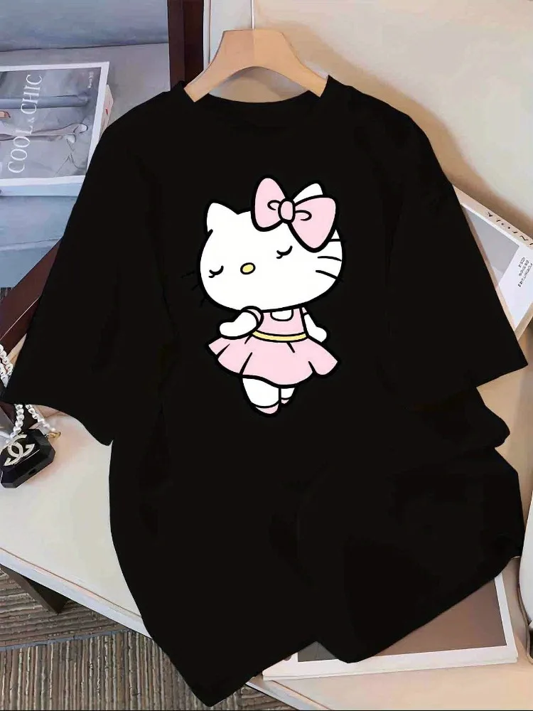 

Sanrio 2026 Весна, Лето и Осень: Новинка! Свободная женская хлопковая футболка с круглым вырезом и коротким рукавом для отдыха