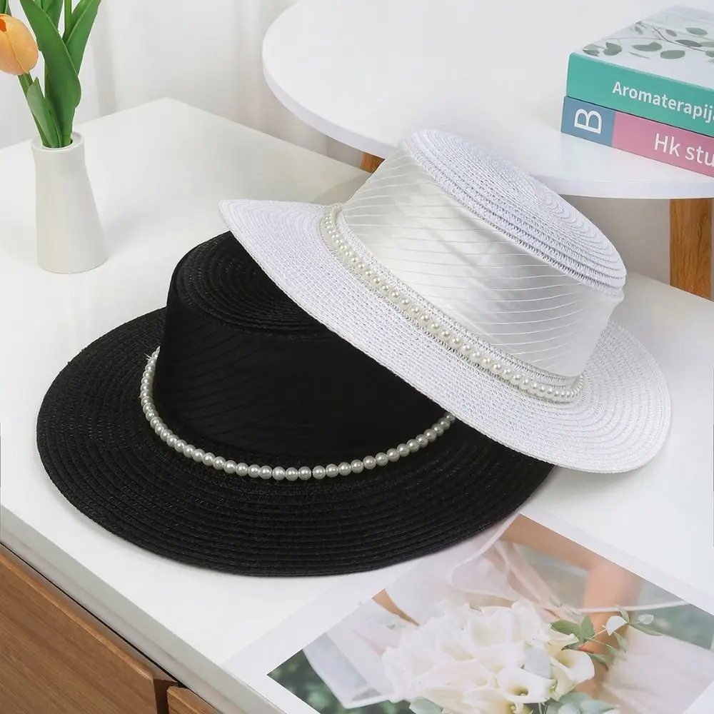 

UV Protection Wide Brim Straw Hat Straw Weaving Pearl Chain Flat Sun Cap Comfortable To Wear Lightweight Weave Bucket Hat Beach