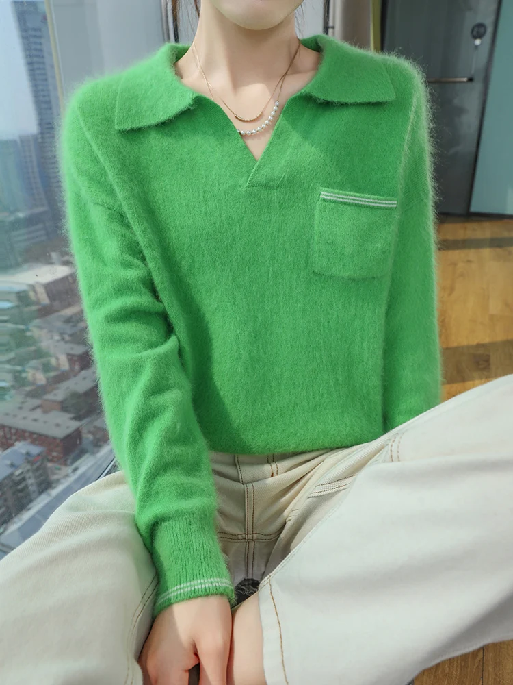 100% 밍크 캐시미어 여성 폴로 칼라 풀오버 부드러운 따뜻함 가을 겨울 캐주얼 패션 니트 롱 벨벳 스웨터