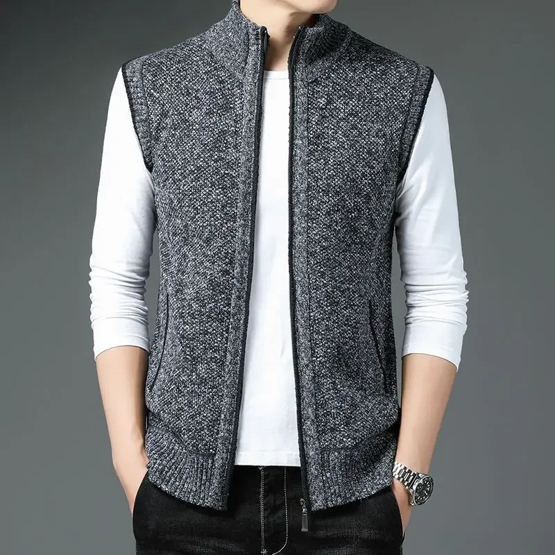 

Autumn Winter New Solid Color Fashion Stand Collar Sleeveless Knitting Vest Man Casual Zipper Warm Thicken All-match Tops S04