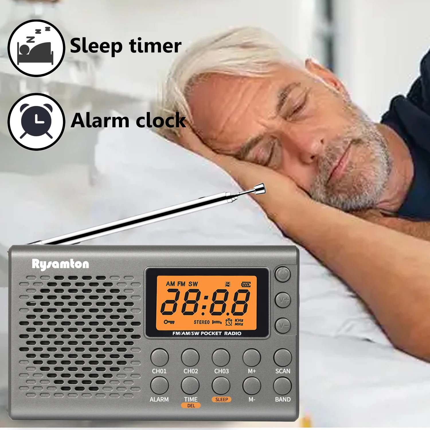 Portable Alarm Clock Radio with Backlight Screen Preset Channel FM AM SW Radios 9K/10K Support Time Display Timed Shutdown