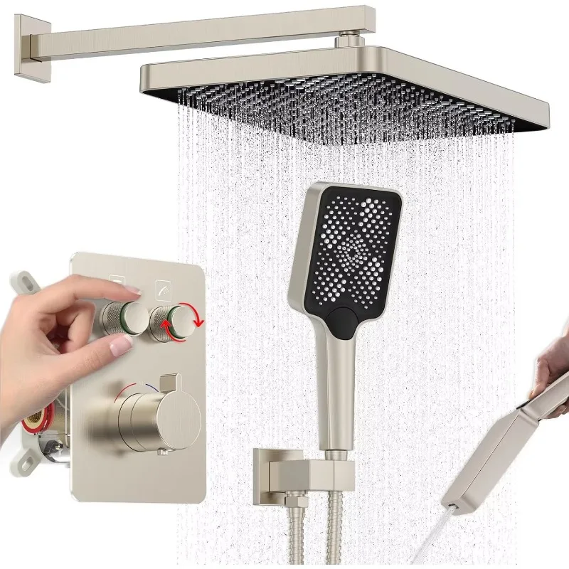 

HOMEDEC Thermostatic Shower System Wall Mount Adjustable Water Flow Push Button Diverter 13-Inch Brushed Nickel Square Shower