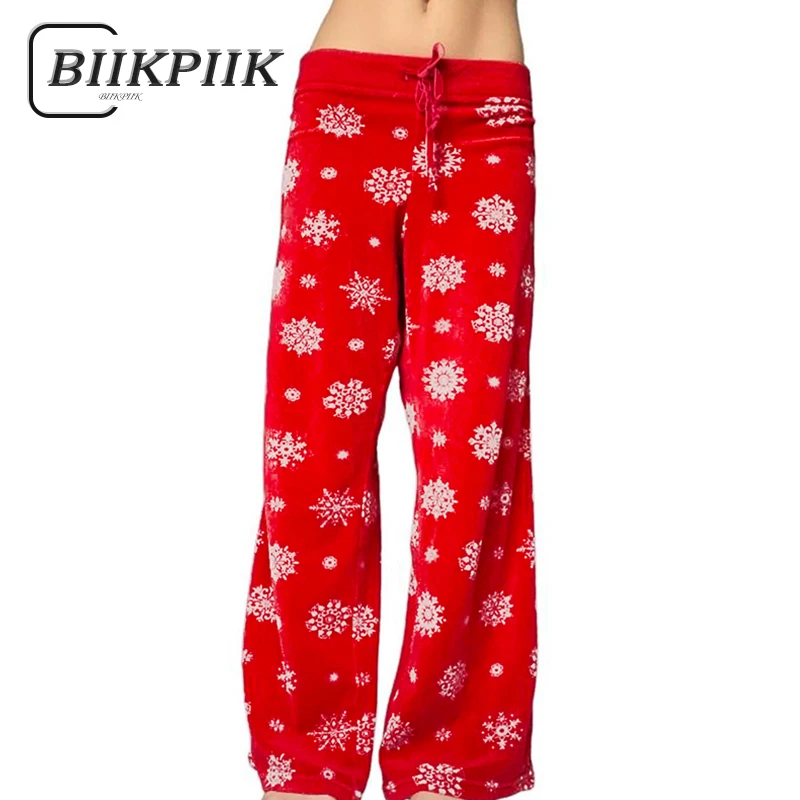 BIIKPIIK, pantalones con estampado de nieve de Navidad, pantalones de punto informales con cordón a la moda, pantalones rectos de otoño e invierno, Festival de Año Nuevo