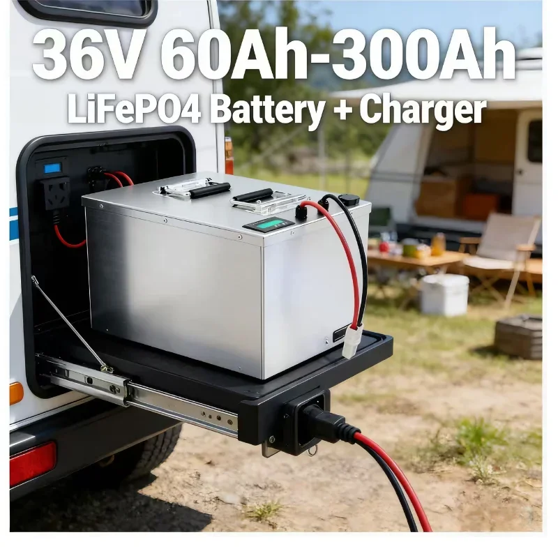 

Аккумулятор LiFePO4 36В от 60Ач до 300Ач с зарядным устройством 43.8В и интегрированной BMS, мощность 3000Вт, долговечный аккумулятор глубокого разряда для