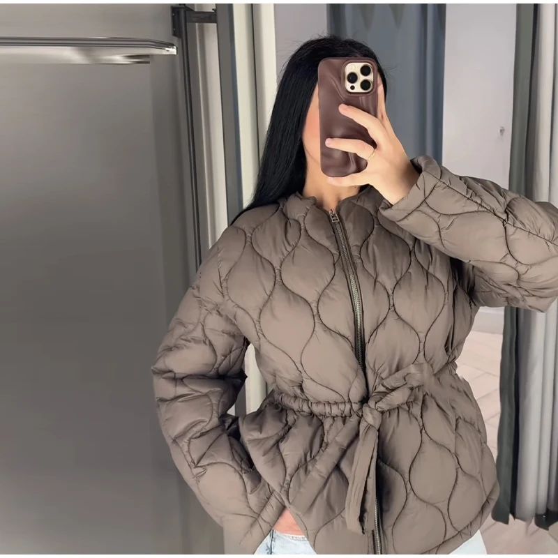 Vestes en coton pour femmes, manteau grille de diamant, col rond, cordon de serrage à la taille, manches longues, vêtements d'extérieur amples pour dames, hiver