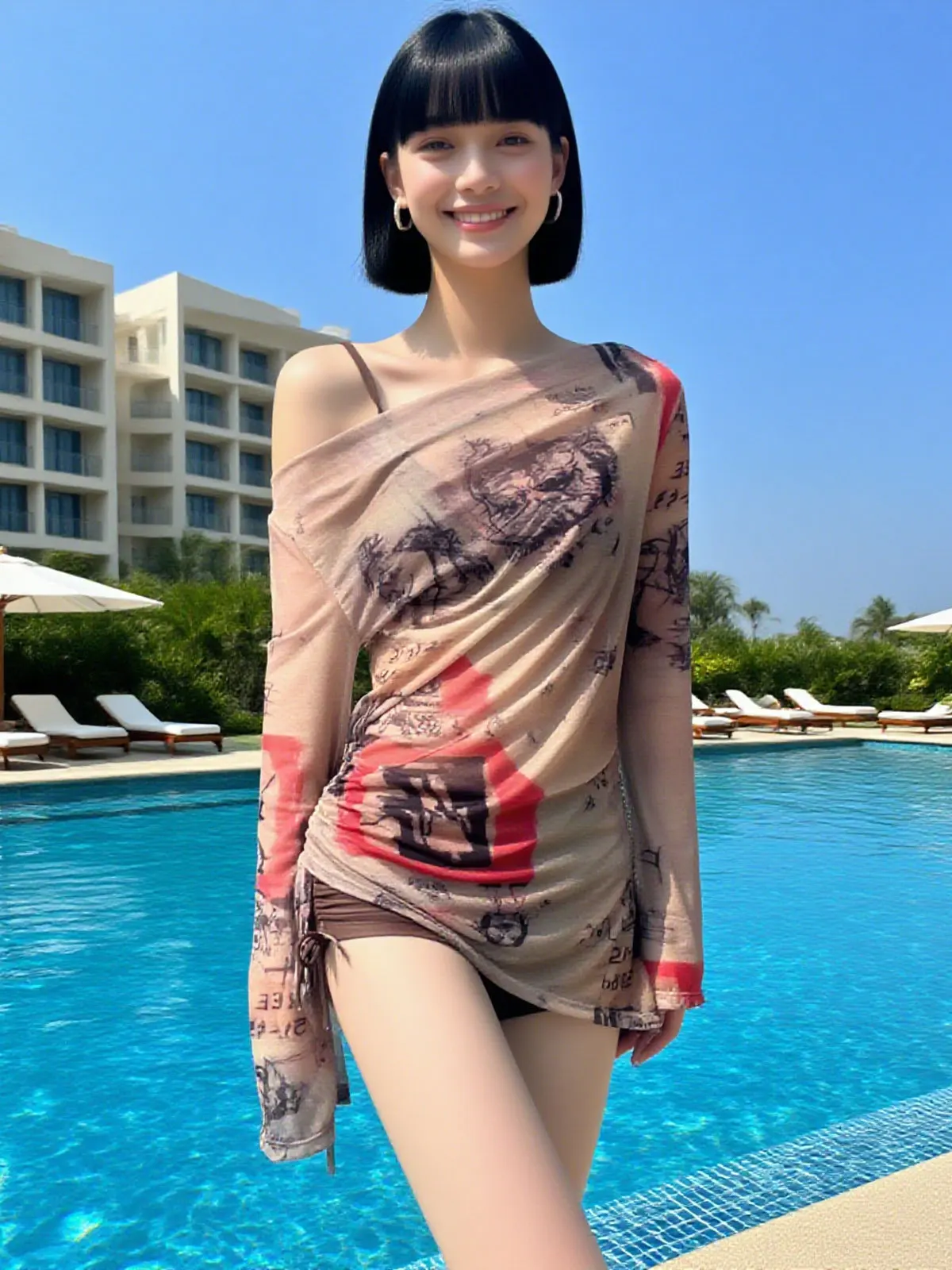 sexy Kpop conservative print bikinis sets three pieces coffee bikini shorts with drawstring long sleeve smock swimsuit biquini