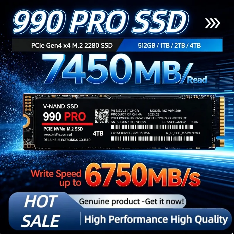 Novo SSD NVMe PCIe Gen4 M.2 2280 990 PRO 512GB-4TB, até 7450MB/s, Unidade de Estado Sólido de Alta Velocidade para Uso em Desktop e Laptop.