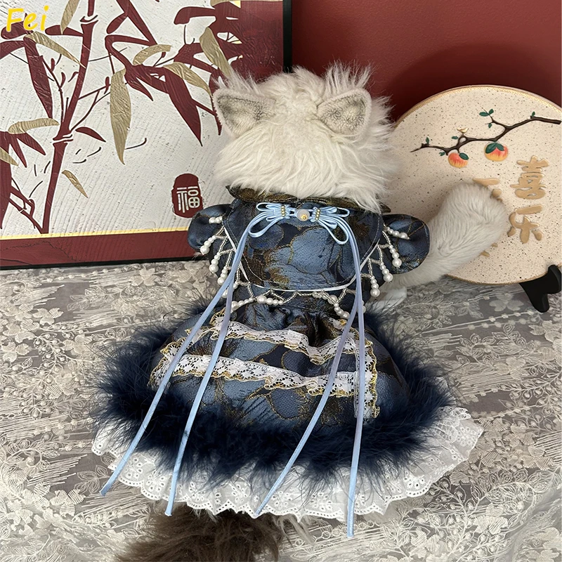 

Handmade Luxury Pet Dog Clothes Fashion Retro Blue Black Feather Princess Dress For Small Medium Dog 2025 New Puppy Dog Clothing