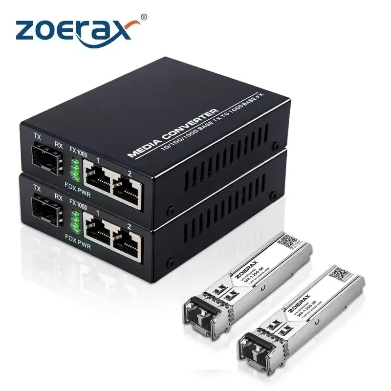 ZoeRax Gigabit Fiber Media Converter 1.25G 1 SFP LC Multimode to 2 RJ45 Ethernet Transceiver Fiber to Copper Adapter