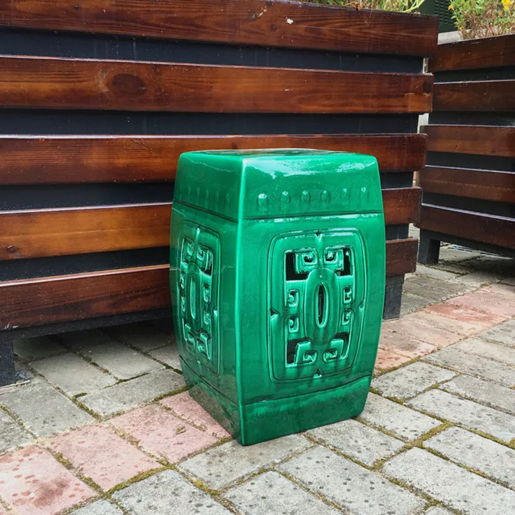 Square porcelain drum stool hand-carved ceramic stool