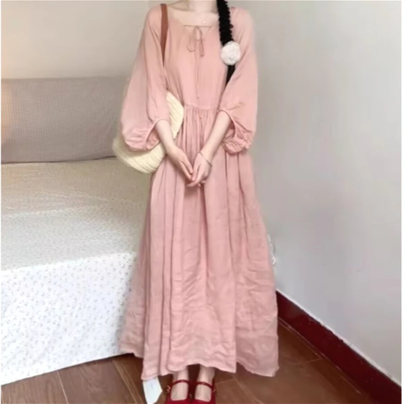 

Women Dresses Long Dress A Line Vestidos Solid Casual Loose Y2k Streetwear V Neck Lace Up Full Pink Elegant Party Night Work