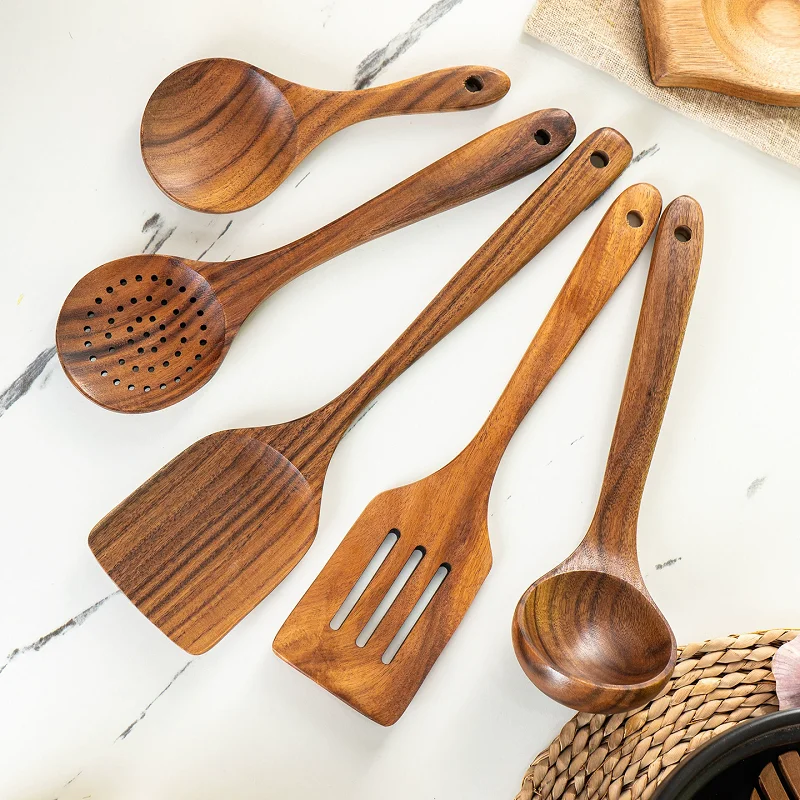 Wooden Kitchen Utensils Set 2/4/6pcs Acacia Wood Long Handle Spatula Spoons Non-Stick Heat-Resistant Kitchen Cooking Tools