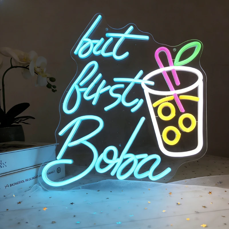 

But First Boba Neon Sign LED Night Light USB Aesthetic Wall Art Desk Lamp for Home Bar Cafe Milk Tea Shop Dorm Room Decor Gift