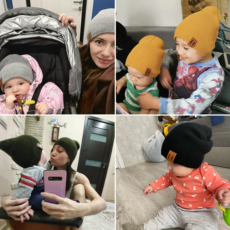 Baby Knit Hat for Boys Girls Autumn Winter Warm Kids Beanie Adult Children Parent-Child Hats Newborn Baby Cap with Leather Label