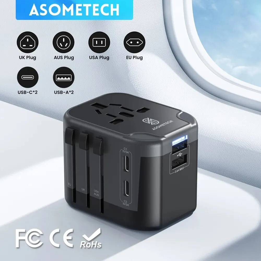 ASOMETECH International Travel Adapter USB Charger 2 USB and 2 Type C Port All-in-one Wall Charger for US EU UK AUS Travel