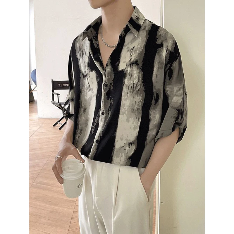 Men\'s Clothing Trend Korean Style Tie Dye Print Harajuku Streetwear Shirt Summer Casual Half Sleeve Loose Tops Y2K Chemise Homme