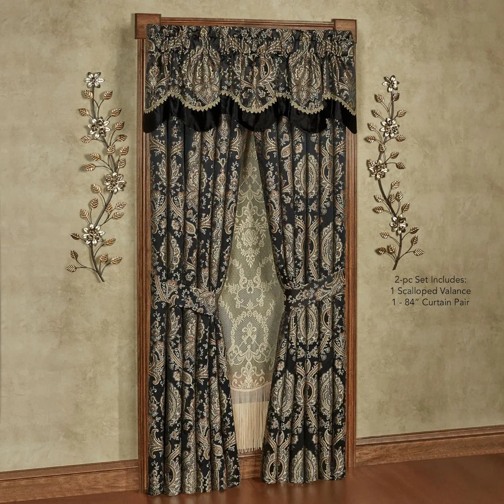 معالجات النوافذ المنسوجة الأنيقة المزخرفة: الفاخرة التقليدية مع ميداليات الأزهار المحايدة والأسود والمعدنية