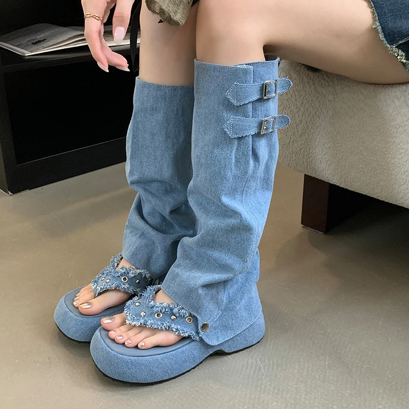 

ZOOKERLIN Pleats Blue Denim Thigh High Boots For Women Spring Thick Heel Flip Flop Cowboy Boots Woman Slip On Western Long Boots