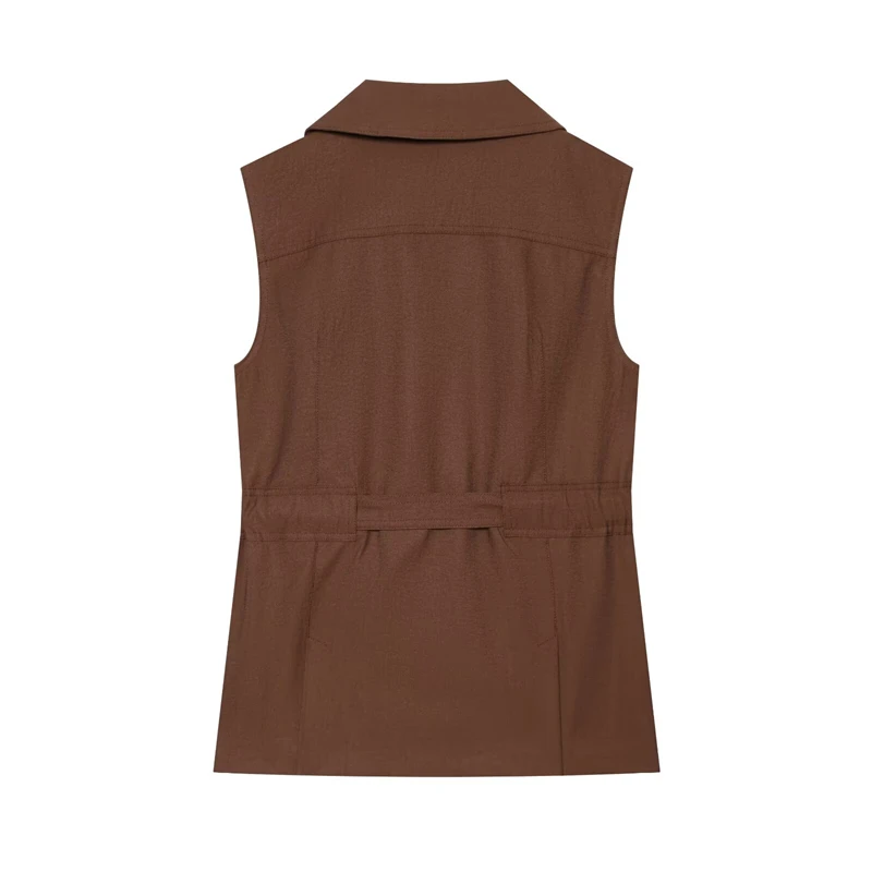 GuobioziySolid Brown Sleeveless Windbreaker Vest Women Lapel Self Tie Waist Casual Loose Pocket Waistcoat Street Outer Top
