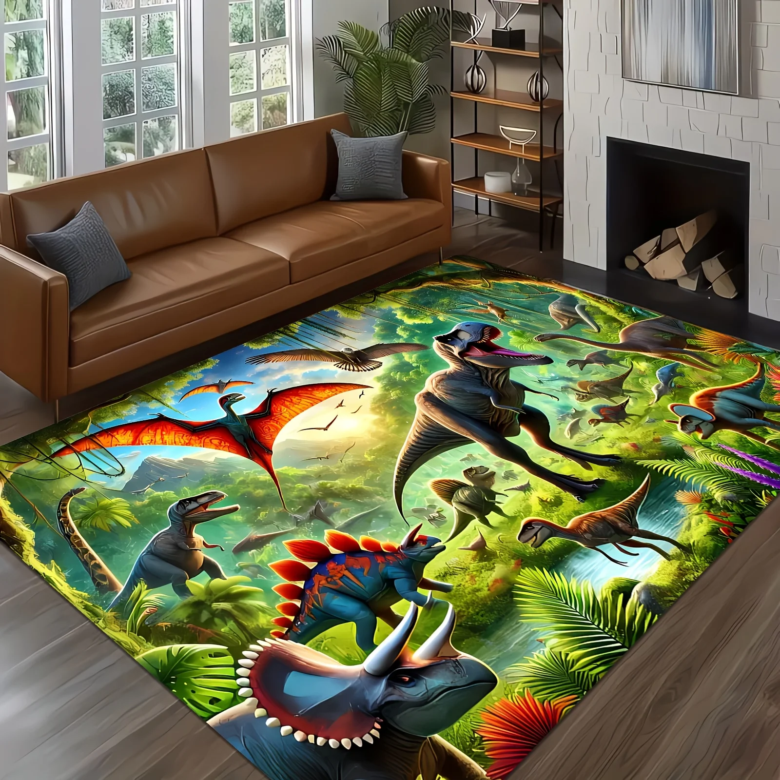 Vintage Forest Dinosaur World Rug, Retro Jungle Animal Non-Slip Floor Mat, Washable Decor Carpet for Kids Room Living Room