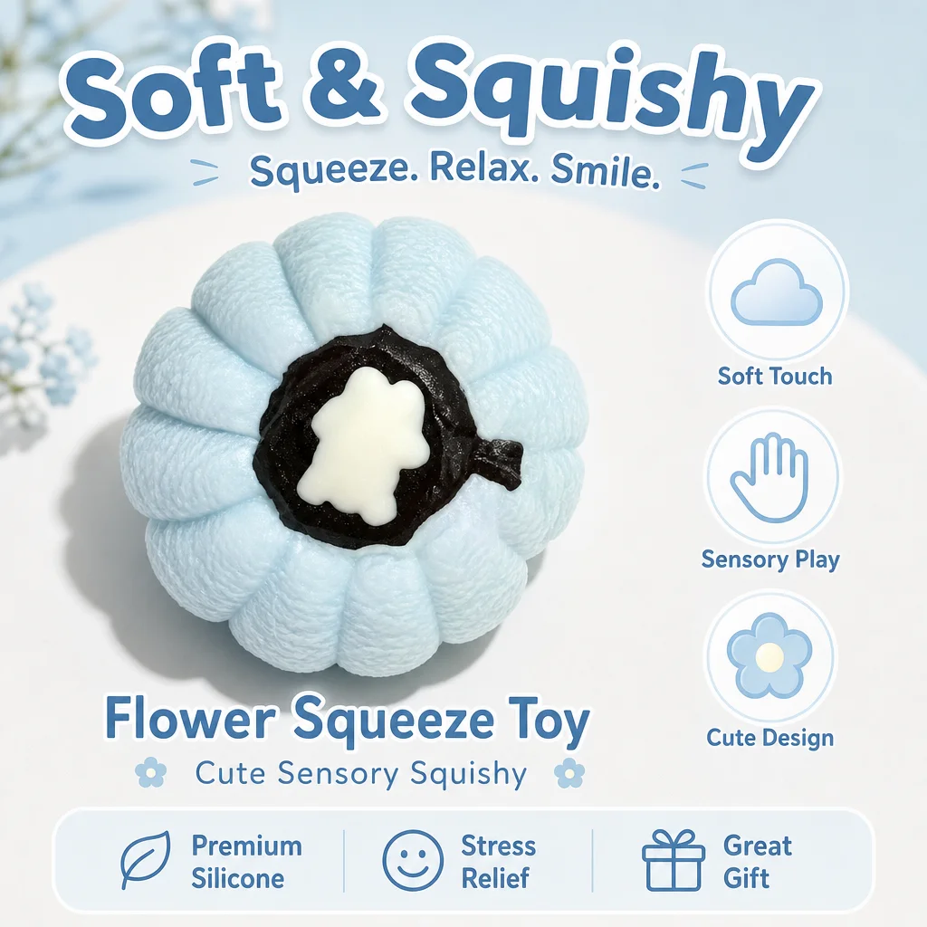 Food Grade Slow Rebound Pastry Squishy Toy Blue Pleated Flower Bread With Mini Bear Ornament Soft Hand Squeeze Toy For Kids