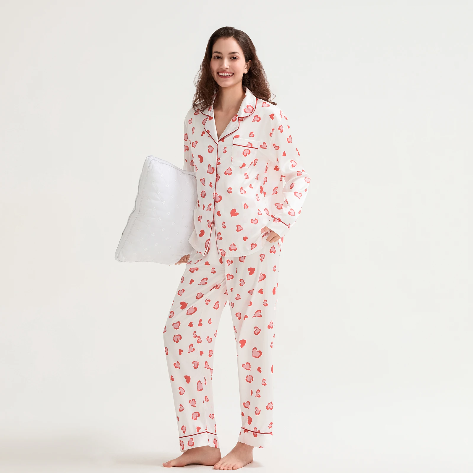 HEZIOWYUN 2-teiliges Pyjama-Set für Damen zum Valentinstag, süßes, langärmliges Hemd mit Herzmuster, Oberteile und Hosen mit elastischem Bund, Loungewear