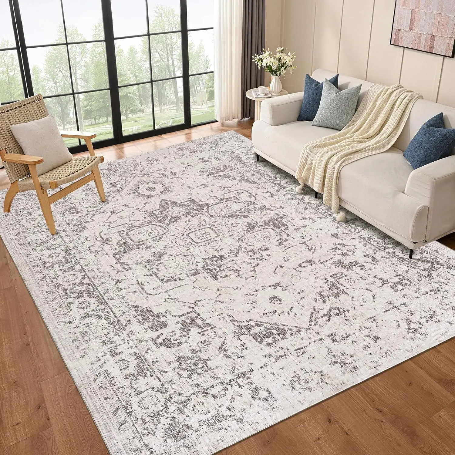 Area Rug 9X12 For Living Room - Washable Large Vintage Urtla Thin Bedroom Rugs With Non Slip Rubber Backing - Indoor Floor