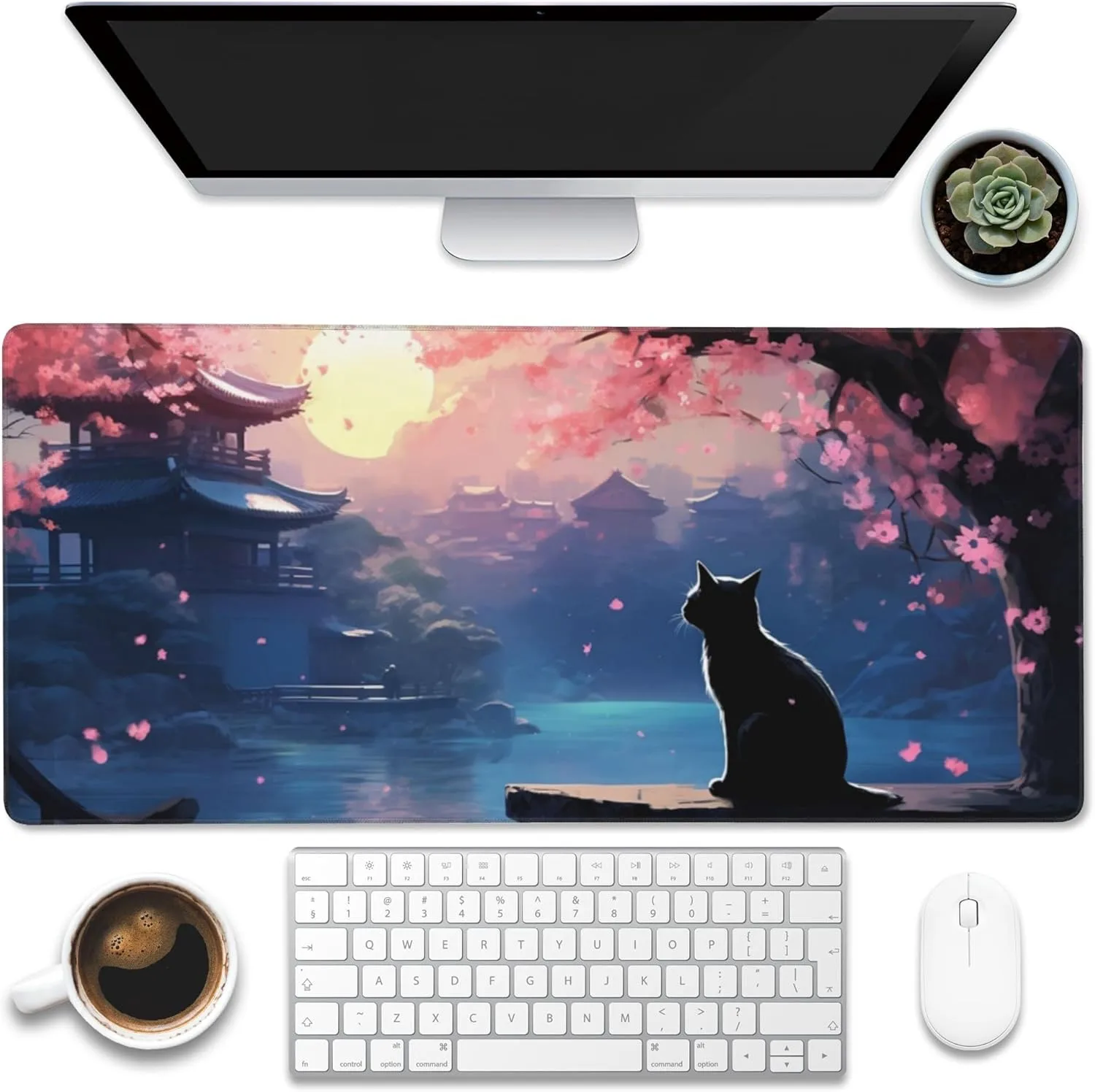 

Black Cat mouse pad under the cherry blossom tree, PC game accessory, high-definition printed rubber, anti-slip, high quality